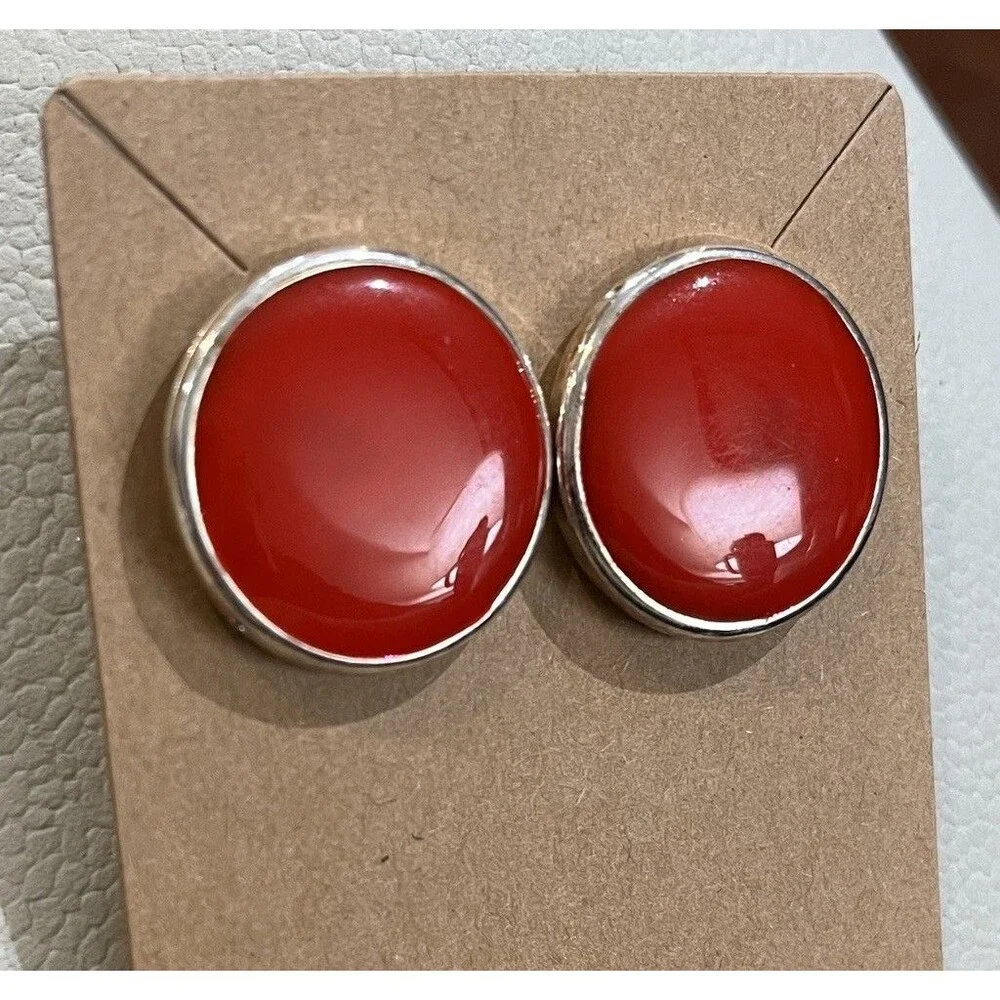 Vintage Red & Silver Tone Earrings Round 1 Inch Pierced 90s Retro Enamel